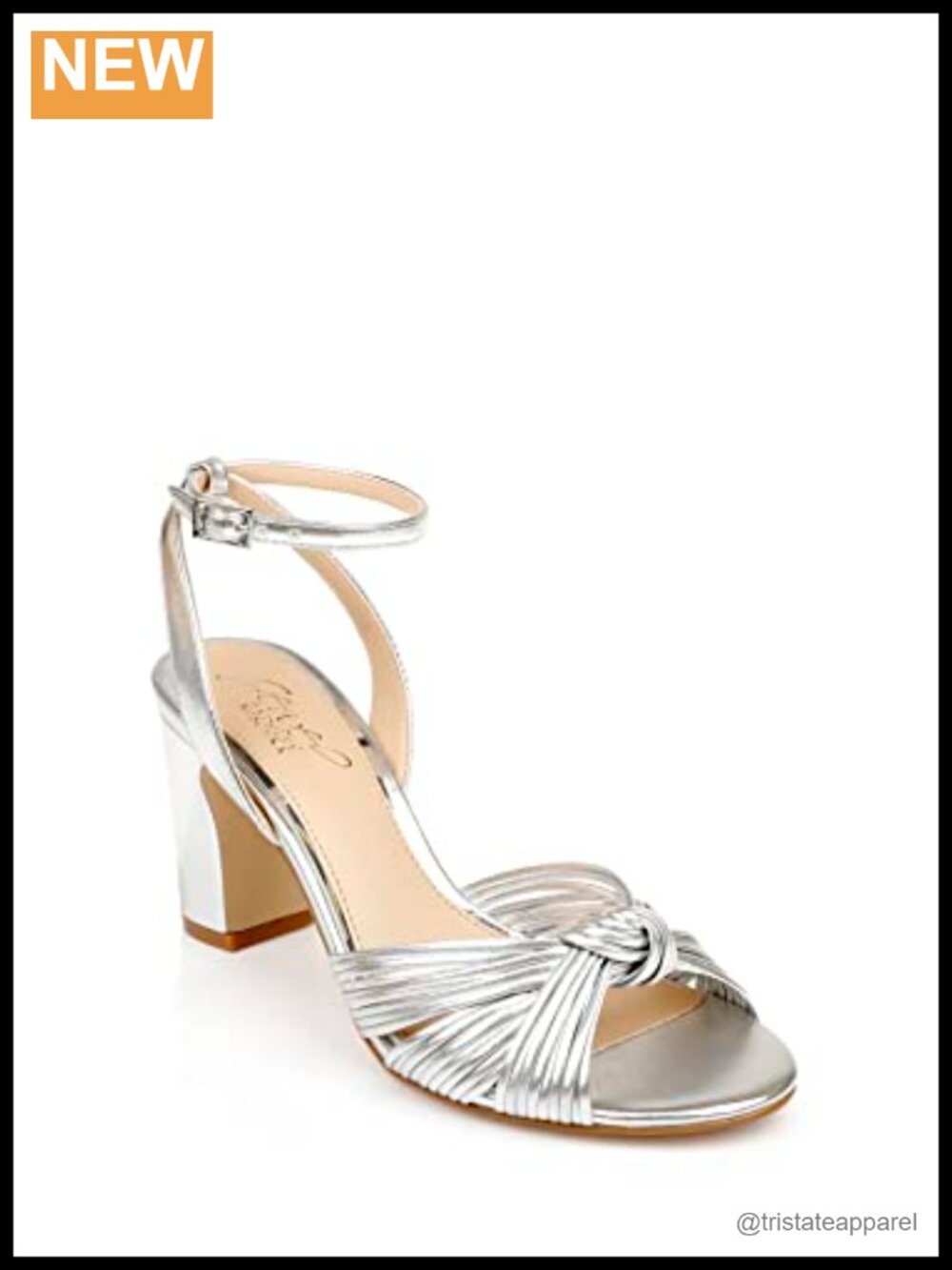 Metallic Knotted Block Heel Sandal with Ankle Strap and Buckle Closure